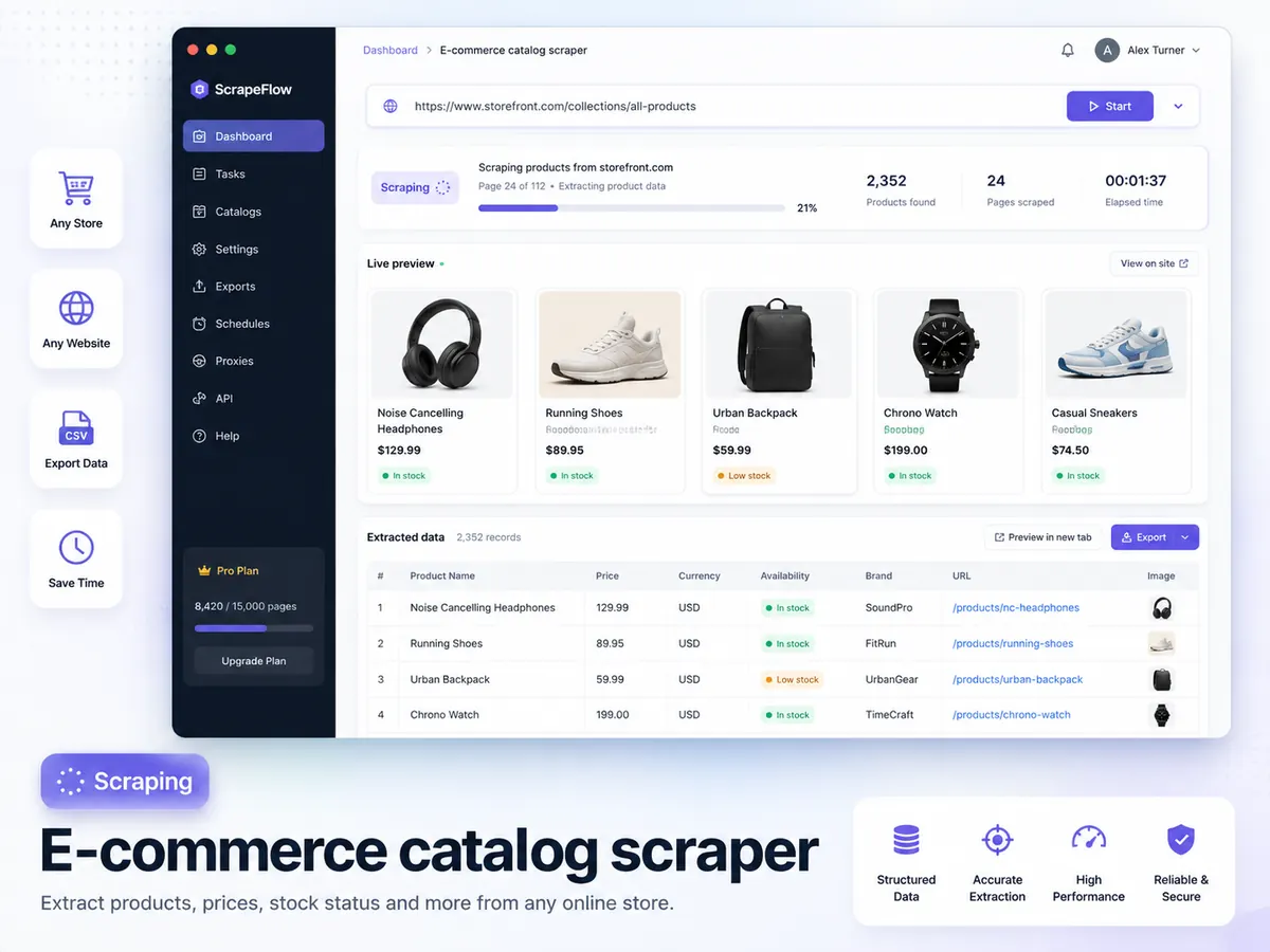 Interface preview of an e-commerce catalog scraper extracting products, prices and stock into a table