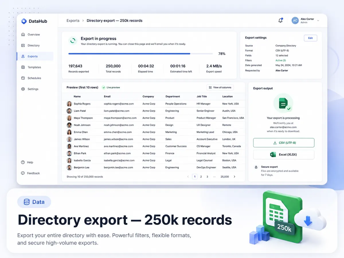 Interface preview of a directory export with 250,000 records streaming into CSV and Excel
