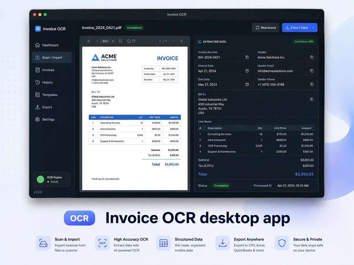 Interface preview of an invoice OCR desktop app extracting vendor, totals and line items from a PDF